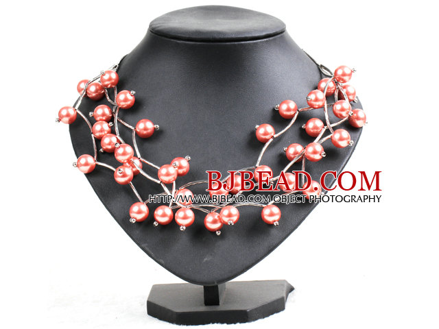 Trendy Style Multi Strand Orangepink Seashell Beads Twisted Necklace With Bending Alloyed Tube
