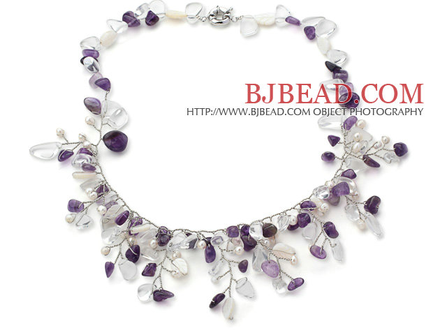 2013 Summer New Design White Freshwater Pearl and Clear Crystal and Amethyst Tree Shape Necklace