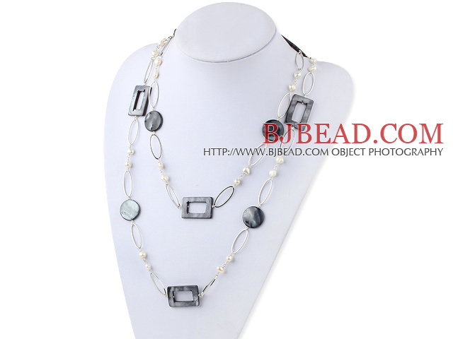 fashion long style party jewelry shell necklace with big metal loops