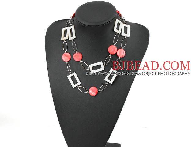 fashion long style white and red shell necklace with big matel loops