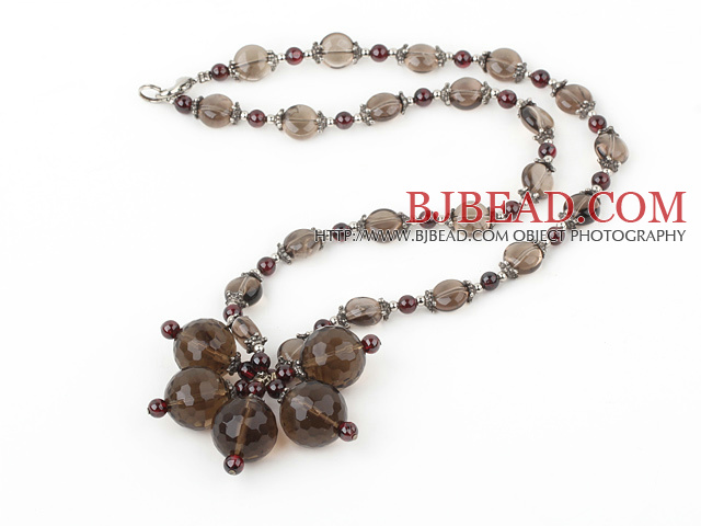 Garnet and Smoky Quartz Flower Necklace