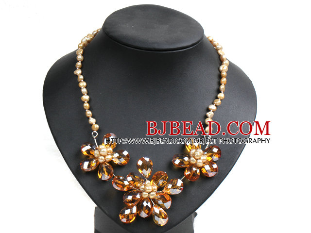 Gorgeous Party Style Yellow Natural Freshwater Pearl Orange Crystal Flower Bib Necklace