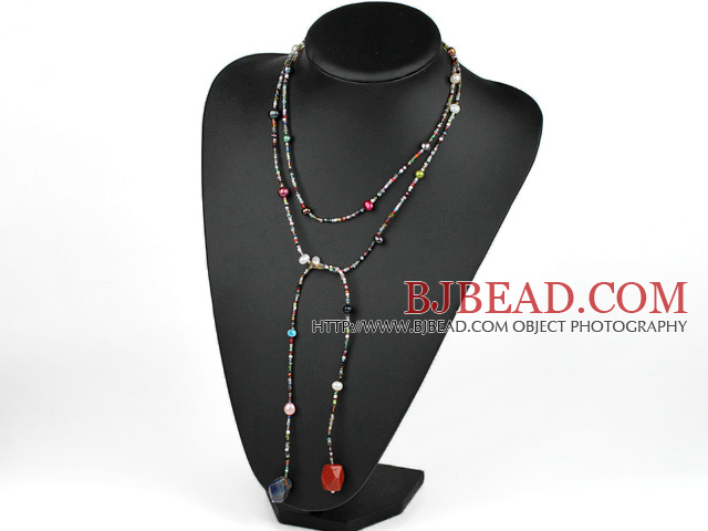 51 inches pearl and multi color stone long style necklace