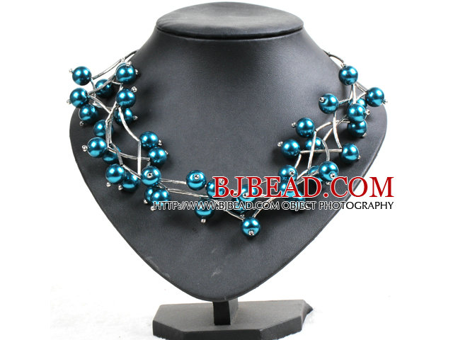 Trendy Style Multi Strand Peacock Blue Seashell Beads Twisted Necklace With Bending Alloyed Tube