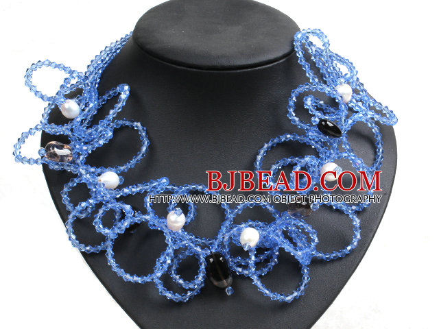 Speical Design Beautiful Natural White Pearl Smoky Quartz Blue Crystal Statement Chunky Necklace