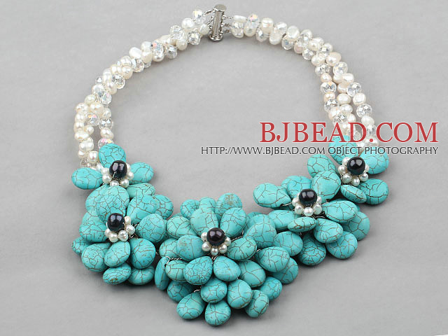 Big Style White Freshwater Pearl and Big Turquoise Flower Party Necklace