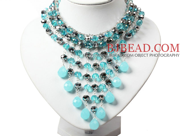 Amazing Blue and Gray Teardrop Crystal Tassel Party Necklace