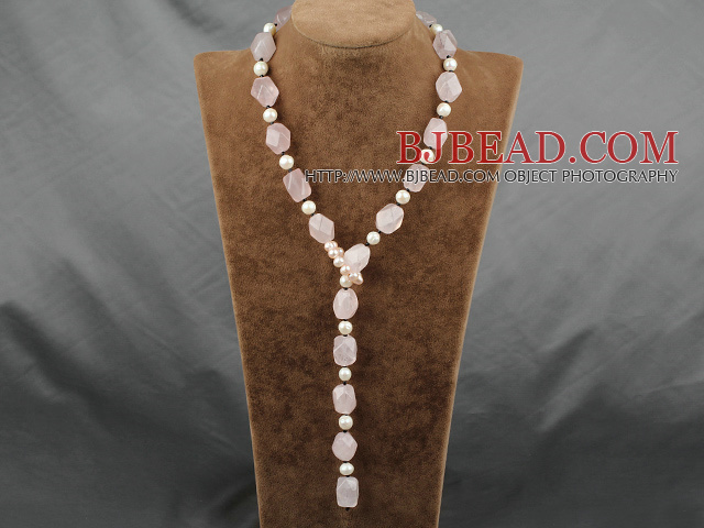 25.5 inches pearl and rose quartz Y shaped necklace