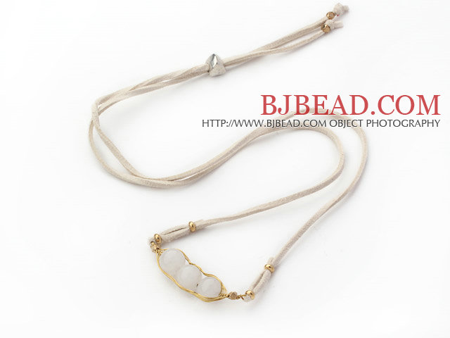 White Series Wire Wrapped White Jade Pea Pendant Necklace with White Leather