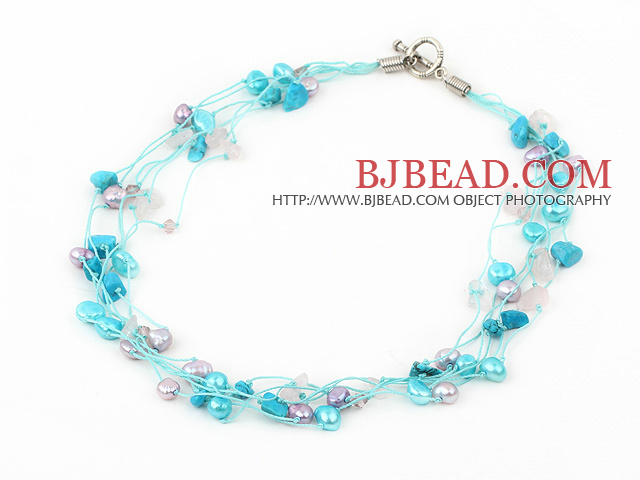 multi strand white pearl crystal and turquoise necklace with toggle clasp