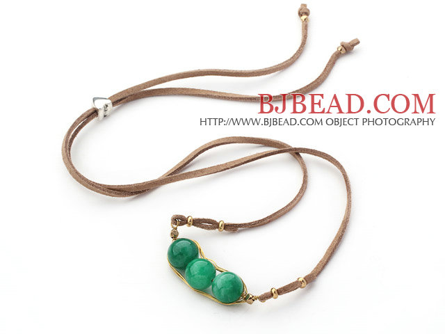 Green Series Wire Wrapped Malaysia Jade Pea Pendant Necklace with Brown Leather