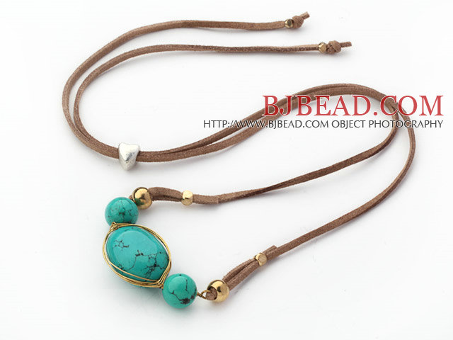 Green Series Wire Wrapped Natural Green Turquoise Pendant Necklace with Brown Leather