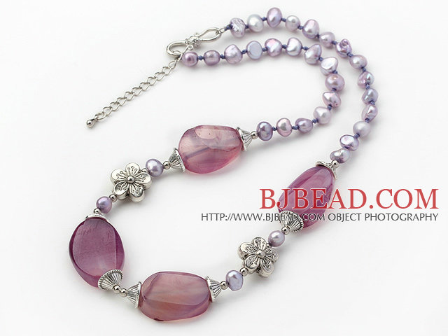 Dark Purple Pearl and Purple Stripe Agate Necklace