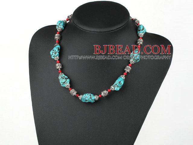 18 inches blue turquoise and red alaqueca necklace with moonlight clasp
