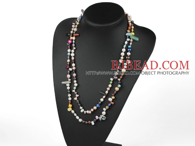 fashion long style fresh water pearl and multi color stone necklace