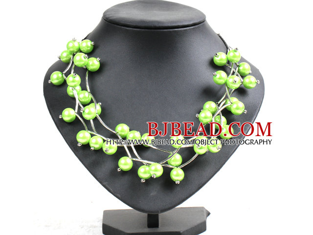 Trendy Style Multi Strand Emerald Green Seashell Beads Twisted Necklace With Bending Alloyed Tube