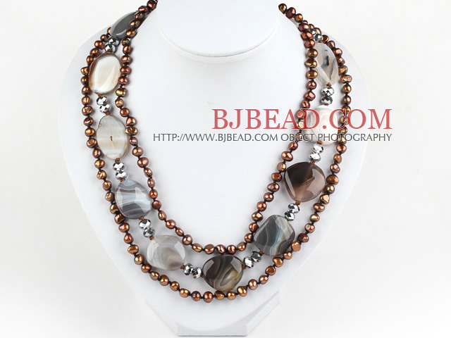 three strand brown pearl gray agate necklace with heart shape clasp
