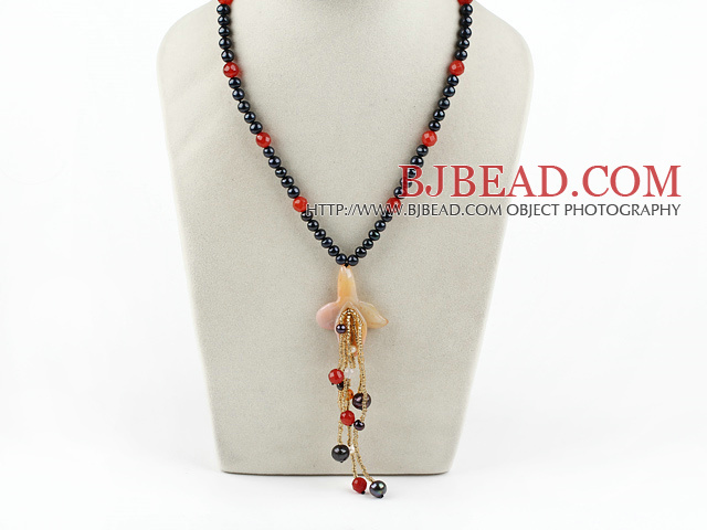 black pearl and red agate y shape necklace with lobster clasp