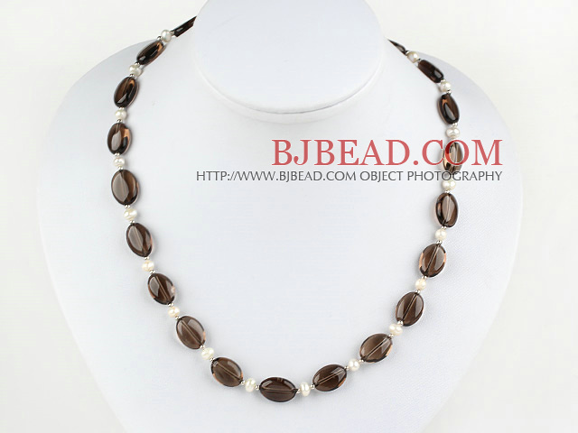 17.5 inches white pearl and dropped shape smoky quartz necklace with toggle clasp
