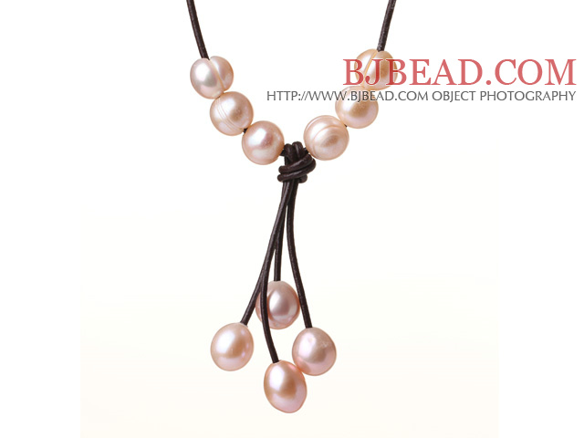 Simple Design Single Strand Natural Pink Freshwater Pearl Leather Necklace