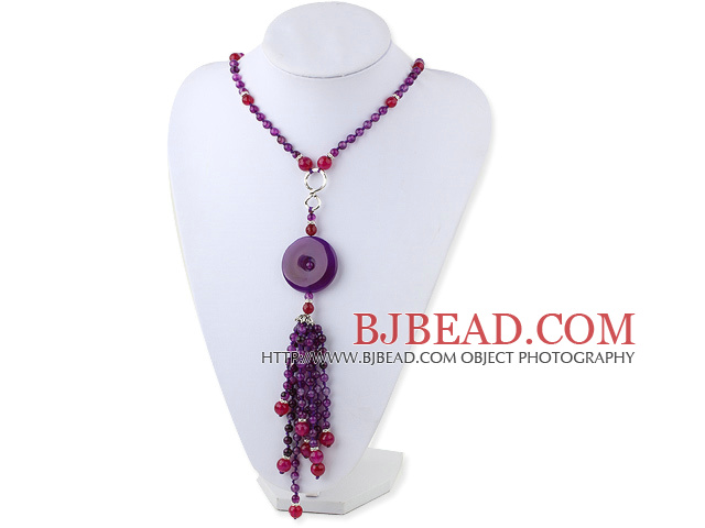 Fashion Style Purple Agate Y Shape Tassel Necklace with Purple Agate Donut