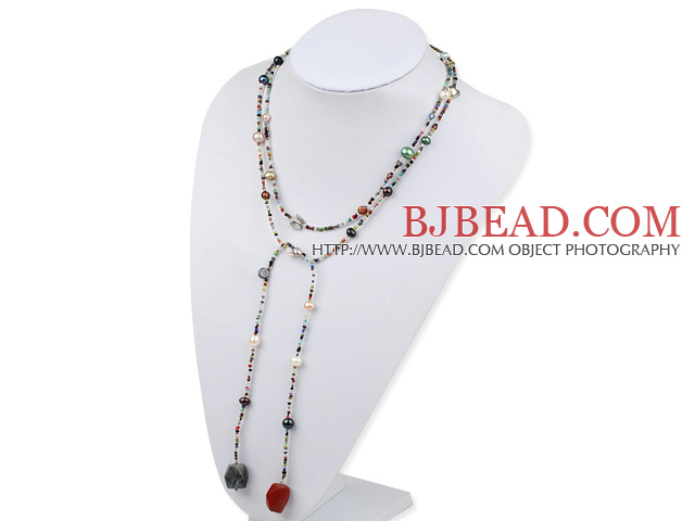sodalite and red gem and multi colored pearl long style necklace