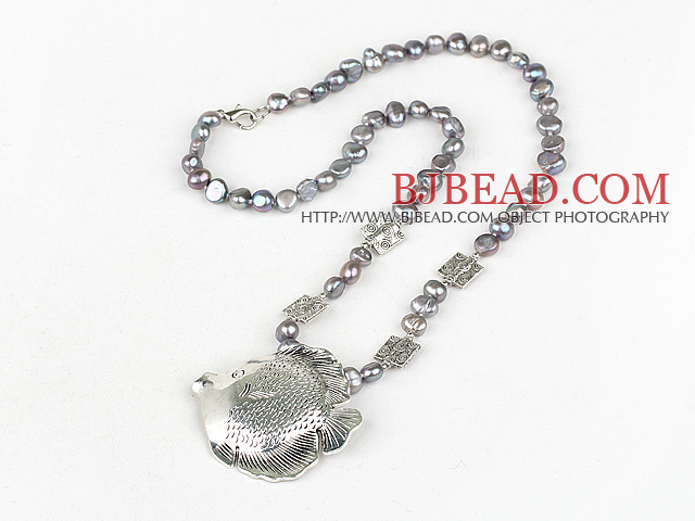 dyed gray pearl necklace with tibet silver fish pendant