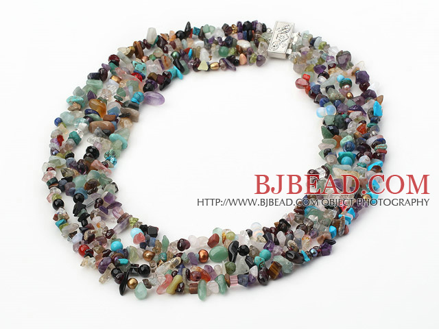 multi strand seven colored multi stone necklace with slide clasp