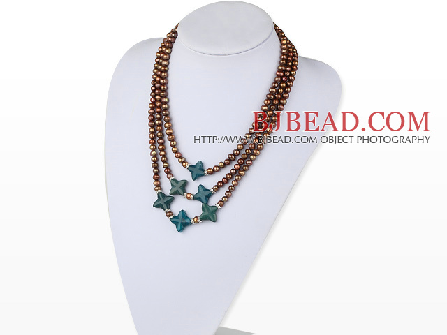 3 strand dyed golden color pearl and blue jade necklace