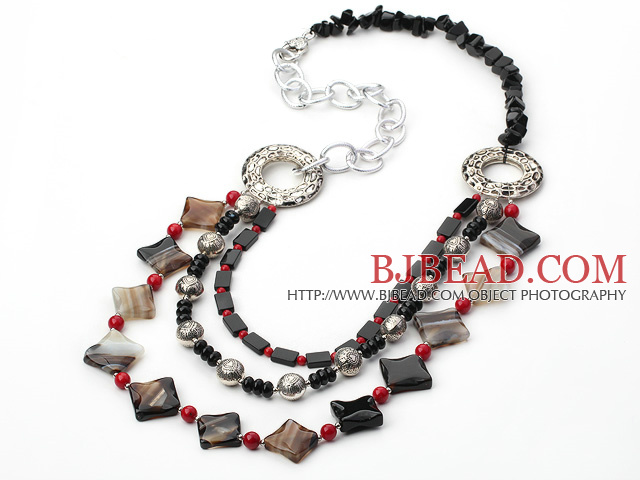 vogue jewelry red coral and black agate necklace with heart shape lobster clasp