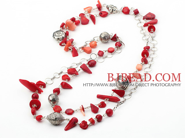 fashion long style red coral tinet silver charm beaded necklace