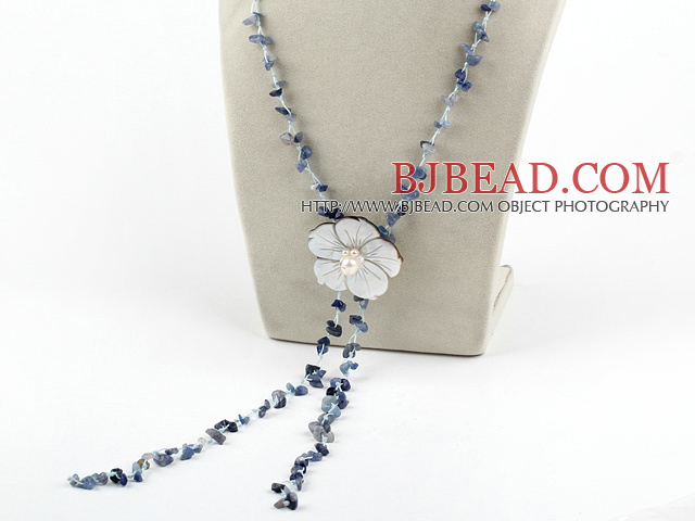 fashion long style kyanite chips and shell flower necklace