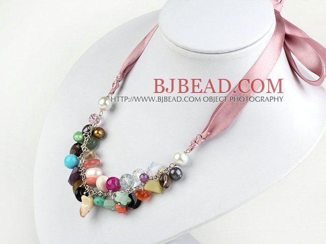multo color stone srystal neckalce with ribbon