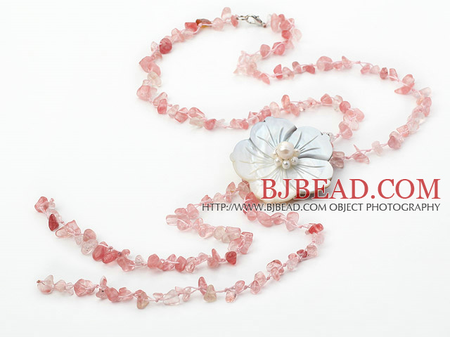fashion long style cherry quartze chips and shell flower necklace with lobster clasp