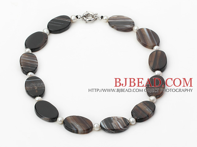 18 inches line patterned black agate necklace with moonlight clasp