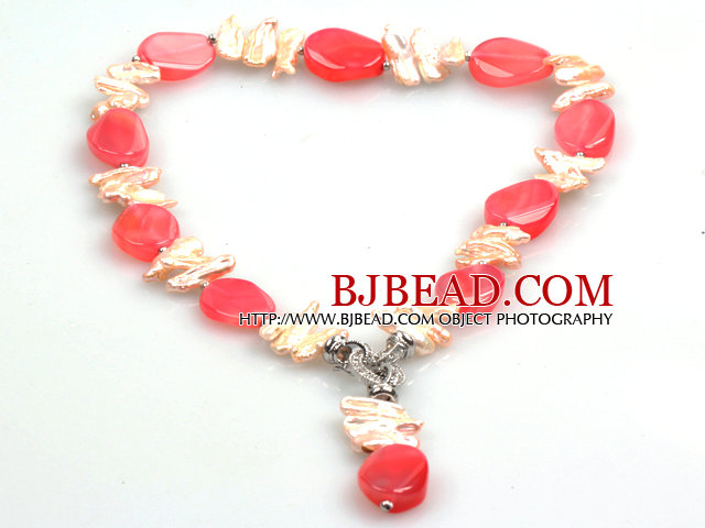 Biwa Pearl and Hot Pink Agate Pendant Necklace (The Pendant Is Removable)