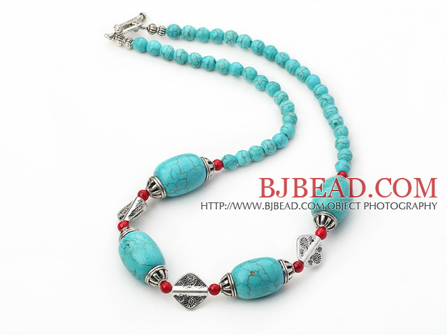 18 inches blue turquoise and red alaqueca necklace with toggle clasp