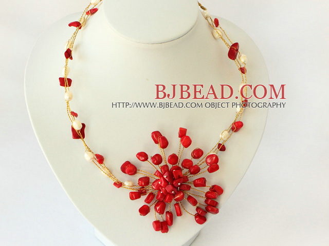 white pearl and red coral flower necklace with moonlight clasp