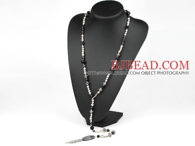 white pearl crystal and black agate long style Y shaped necklace