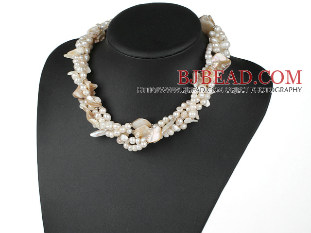 19 inches four strands white pearl and shell necklace with moonlight clasp