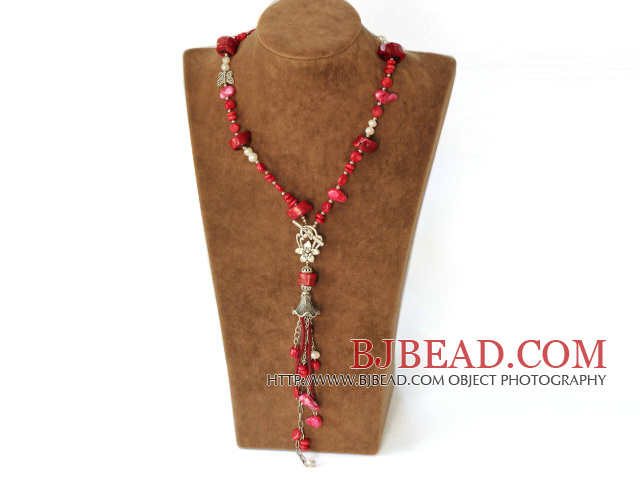 fashion white pearl and red coral Y shaped necklace