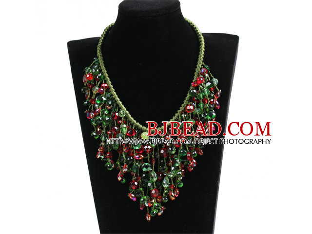 Luxurious Sparkly Red & Green Crystal Christmas Statement Tassel Green Thread Hand-Knitted Necklace
