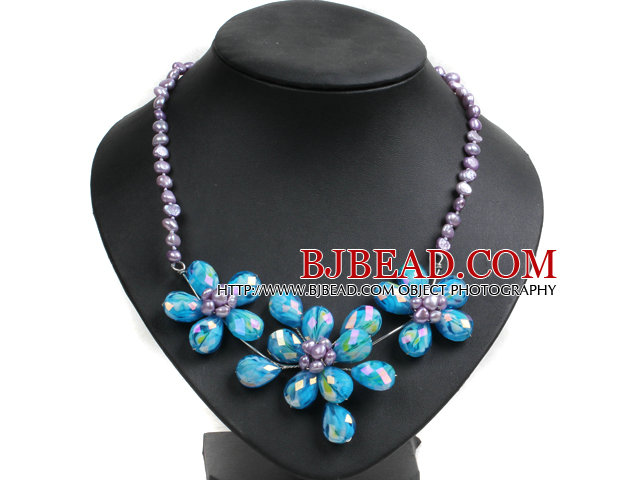 Gorgeous Party Style Natural Purple Freshwater Pearl Blue Crystal Flower Bib Necklace