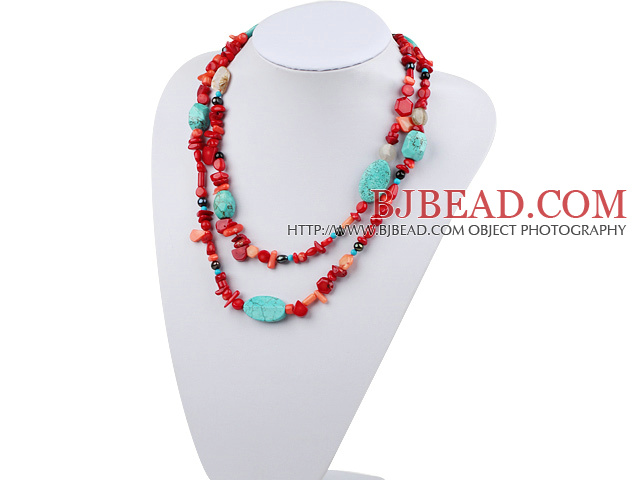 fashion long style turquoise and red coral necklace