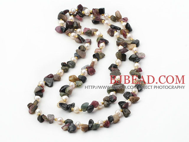 38.5 inches white pearl and tourmaline long style necklace
