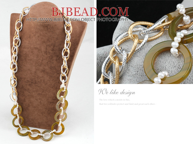 yellow jade and agate necklace with bold metal chain