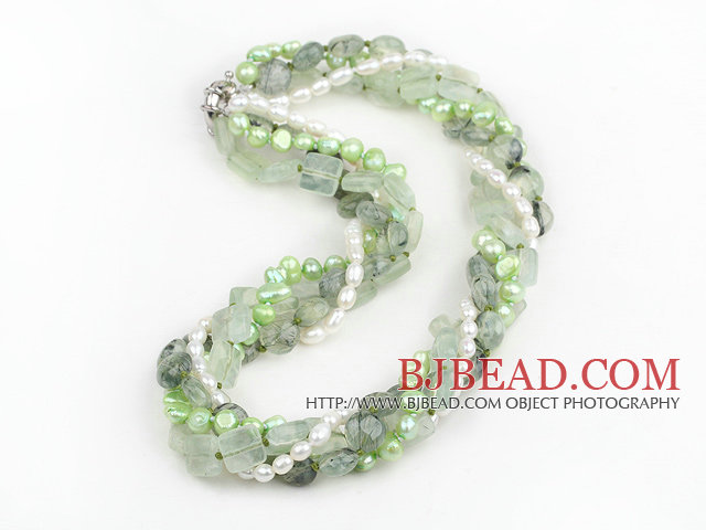 Multi Strands Natural Prehnite and White and Light Green Freshwater Pearl Necklace