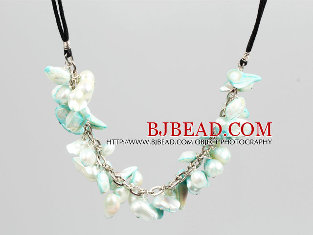 New Arrival Green and White Color Teeth Shape Pearl Necklace with Lobster Clasp