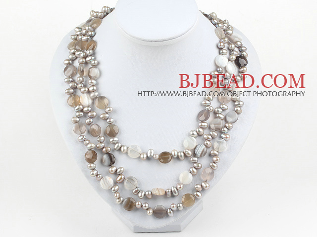 Multi Strands Pearl and Persian Gray Agate Necklace