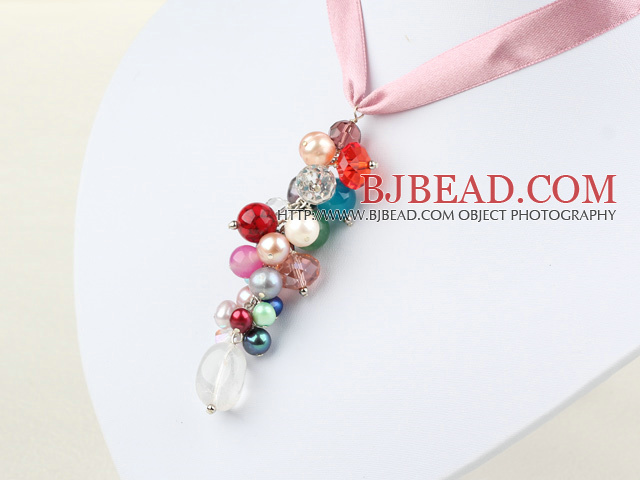 multi color multi stone and crystal necklace with pink ribbon